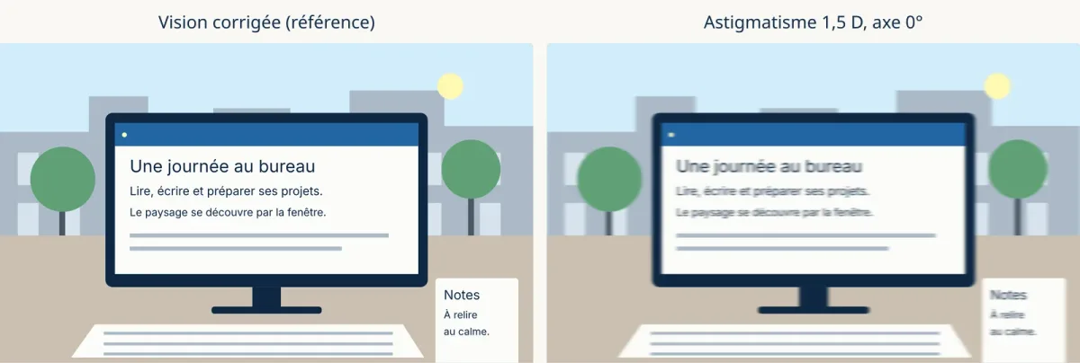 Simulation d’un écran d’ordinateur vu net à gauche et avec un astigmatisme à droite, où les lettres paraissent floues et dédoublées.
