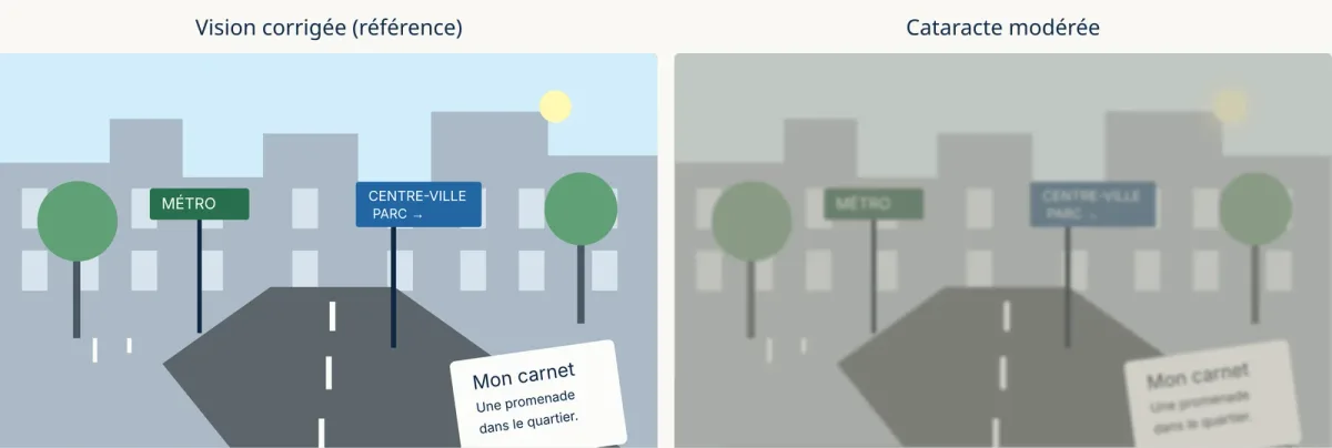Simulation de la même scène de rue vue nette à gauche et à travers une cataracte modérée à droite, plus voilée, jaunie et moins contrastée.